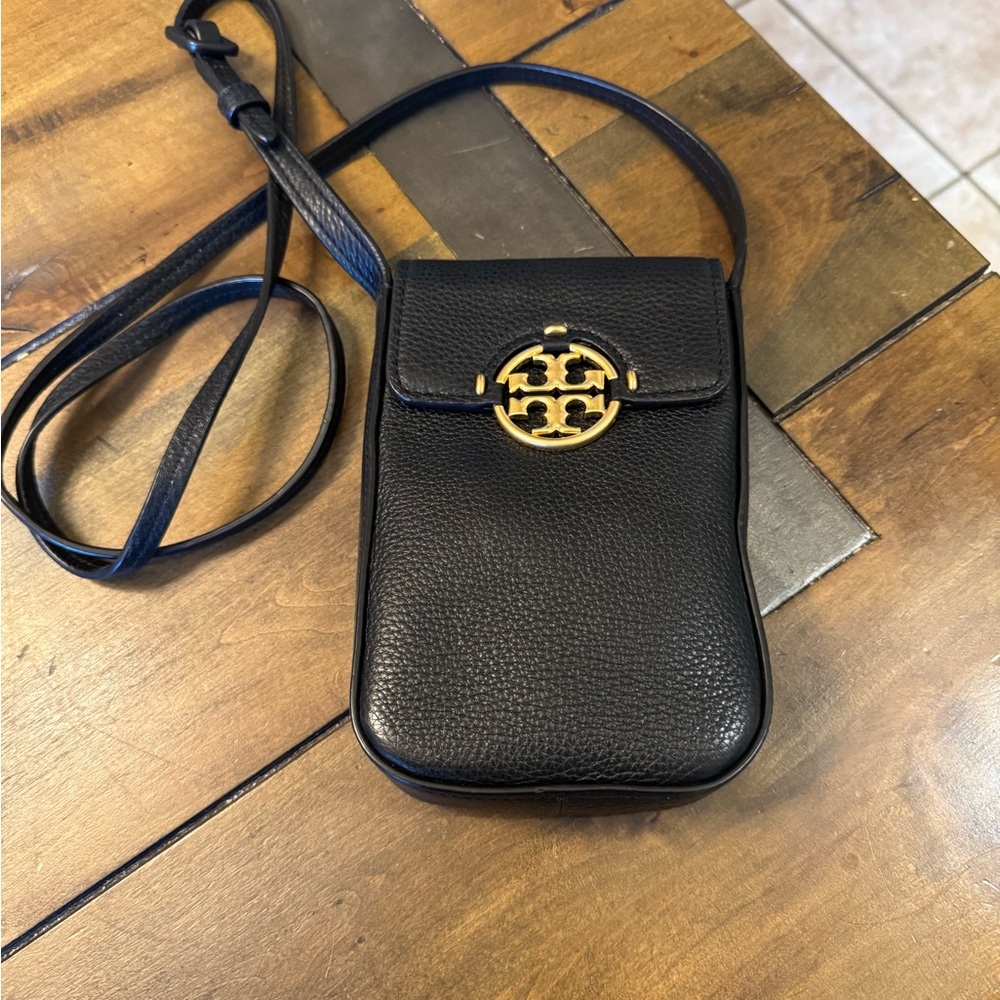 Tory Burch Miller Black Leather Phone Crossbody with Gold Logo
